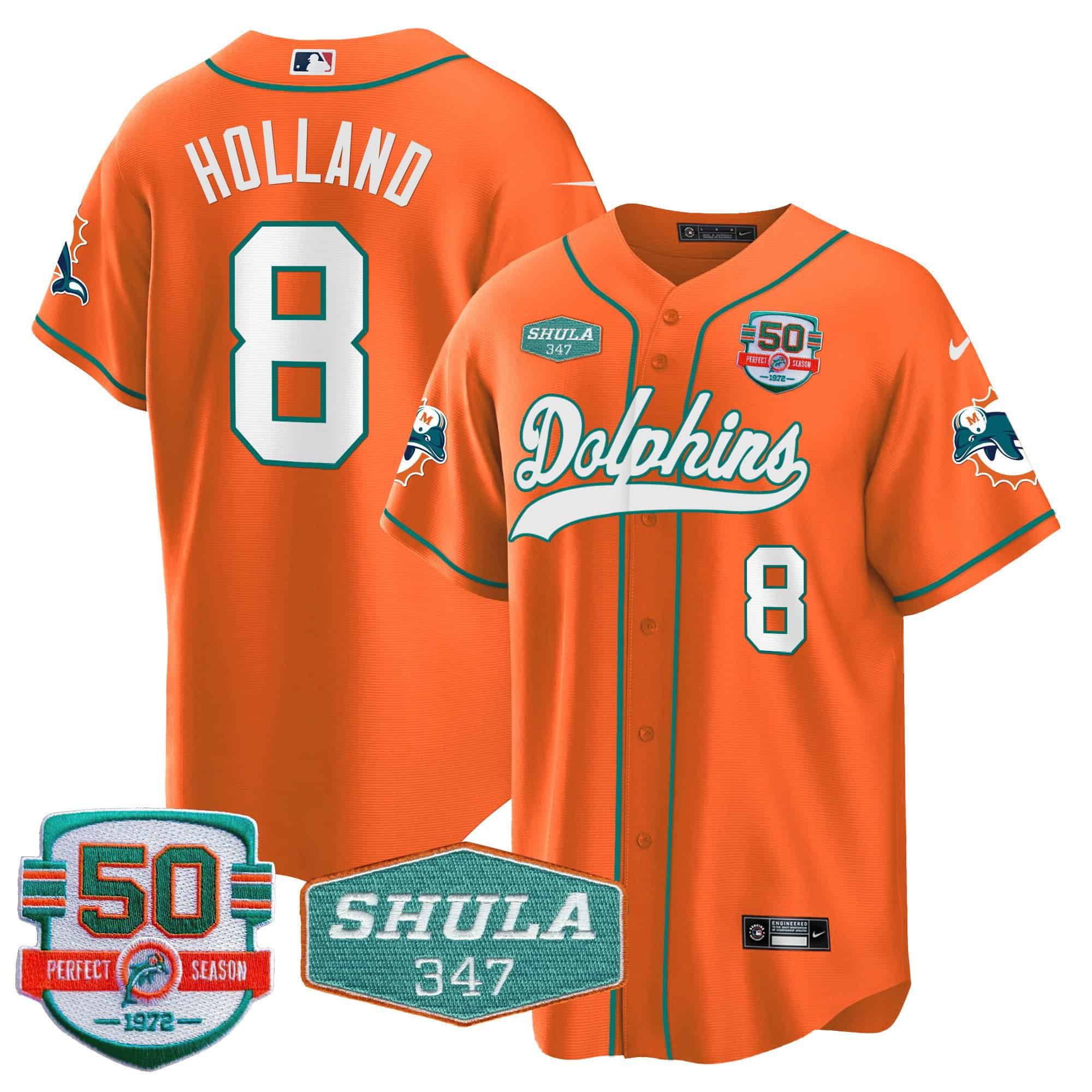 Men Miami Dolphins #8 Holland Orange 2024 Nike 50th Don Shula Memorial Patch Baseball NFL Jersey